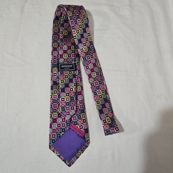 Duchamp London Hand Made England Silk Necktie Multi Square Geo  3 5/8" x 59 1/2" - Picture 3 of 6